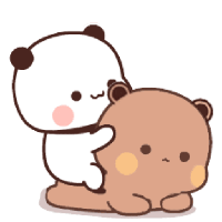 a panda bear is putting its paw on another bear 's back .