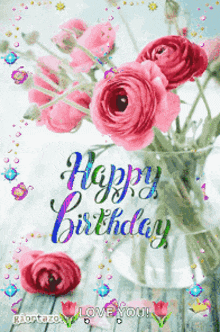 a birthday card with a vase of pink flowers and the words happy birthday