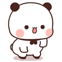 a cartoon panda bear with a bow tie is standing on its hind legs and smiling .