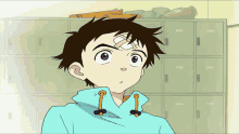 a boy with a bandage on his forehead is standing in front of lockers