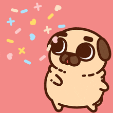 a cartoon pug with sprinkles coming out of its mouth