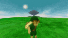 a video game character is standing in a grassy field with a tree in the background