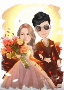 a cartoon drawing of a bride and groom with the word moment on the bottom right