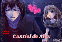 a couple of anime characters standing next to each other with the words i love you castiel de alex at the bottom