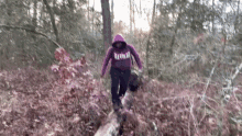 a person wearing a hoodie that says raptors is walking on a log
