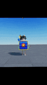 a clown is holding a blue sign with a red star on it