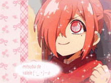 a picture of a girl with red hair and a red scarf with the words mitsuba de valele