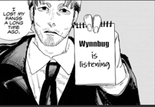 a man in a suit and tie holding a notepad that says wynnbug is listening