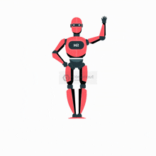 a red robot says hi and waves his hand