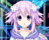 a purple haired anime girl with a white cross on her head
