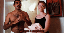 a shirtless man and a woman are standing next to each other and the man says " who wants a mustache beer "