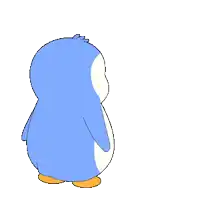 a blue and white penguin is standing on a white surface
