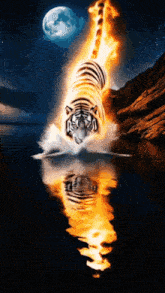 a painting of a tiger on fire jumping into a body of water