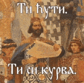 a painting of a man holding a piece of paper with a caption that says " ti hyti "