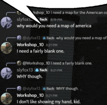 a screenshot of a conversation between workshop_10 and fisch