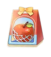 a red box with an apple inside of it with a yellow bow