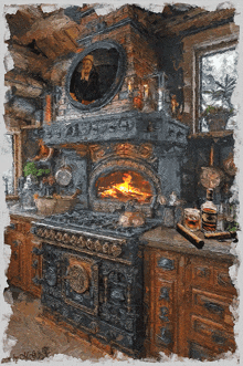a painting of a kitchen with a stove top oven and a bottle of whiskey