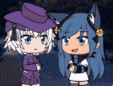 two anime girls are standing next to each other and one has blue hair