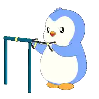 a blue and white penguin is holding onto a blue pole