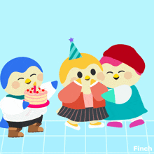 three penguins blowing out candles on a cake with the words happy b-day