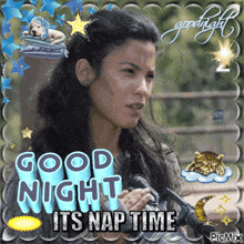 a picture of a woman with the words good night its nap time on it