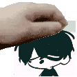 a hand is putting a cartoon character 's head on a white background .