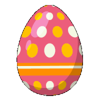 a pink egg with yellow and white polka dots is being held by a blue hand