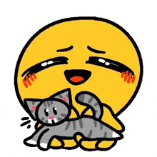 a yellow smiley face is holding a gray cat on its lap .