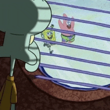 spongebob and patrick are looking out of a window .