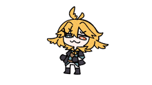 a cartoon drawing of a person with yellow hair and wings standing on a white background