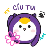 a purple penguin with a yellow beak is holding a pink flower and says " ciu tui "