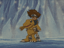 a boy is holding a dinosaur in his arms in front of ice