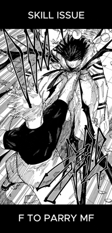 a black and white drawing of a man with a sword and the words skill issue fto parry mf