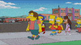 a group of cartoon characters walking in front of a school