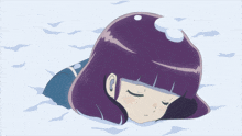 a girl with purple hair is laying in the snow with a snowball on her head