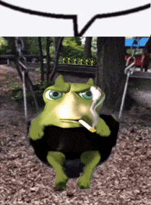 a green frog is smoking a cigarette on a swing