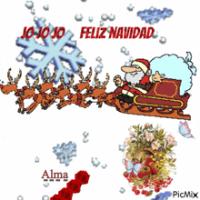 a cartoon of santa claus in a sleigh pulled by reindeer with the words jo jo jo feliz navidad above