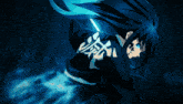 a person in a blue kimono is holding a sword