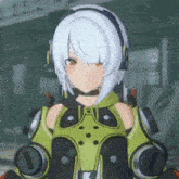 a girl with white hair is wearing headphones and a green and black outfit .