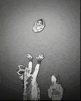 a black and white drawing of a man reaching up to catch a ball