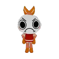 a cartoon character with a sad face is wearing a red dress and gloves .