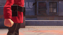 a cartoon of a man standing in front of a building that says blu industries on it