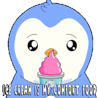 a blue penguin is eating ice cream with the words ice cream is my comfort food below it