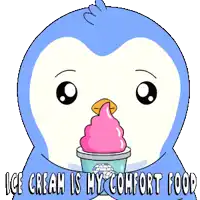 a blue penguin is eating ice cream with the words ice cream is my comfort food below it
