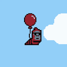 a pixel art of a snail flying with a red balloon