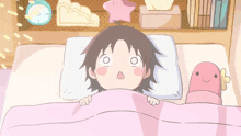 a cartoon of a person laying in bed with a pink blanket