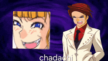 a cartoon of a man in a white suit and red tie with the word chadachi on the bottom