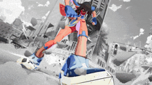 a cartoon drawing of a superhero with a sign in the background that says ' a '