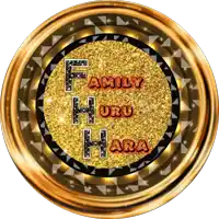 a gold circle with the words family huru hara in red