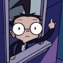 a cartoon character is giving the middle finger while looking out a window .